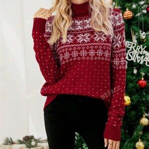 SHEIN Festive Red and White Turtleneck Sweater